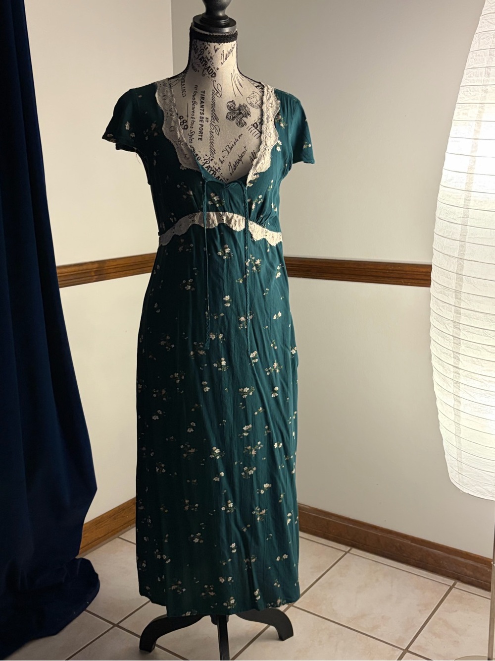 Lucky Brand Teal Floral Midi Dress with Cream Lace